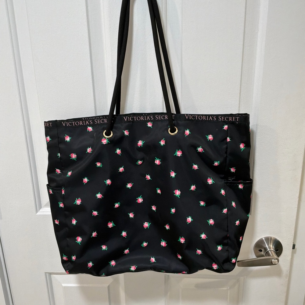 Victoria's Secret Black Tote with Pink Floral Accents - Picture 2 of 2